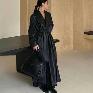 Maxi <span class=keywords><strong>Trench</strong></span> <span class=keywords><strong>in</strong></span> <span class=keywords><strong>ecopelle</strong></span> con Silhouette drappeggiata, elegante abito Vintage da pendolarismo da <span class=keywords><strong>donna</strong></span> con risvolto a scialle - Product Image 5