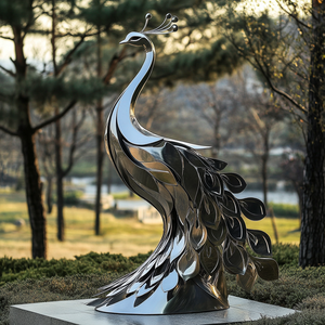 Ornement de jardin extérieur abstrait moderne Sculpture de paon en acier inoxydable métallique - Product Image 6