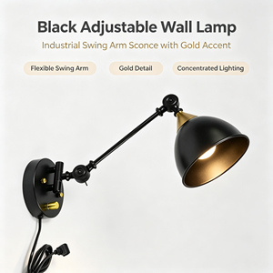 Lampada da Parete Nera Regolabile, <span class=keywords><strong>Applique</strong></span> Industriale con <span class=keywords><strong>Braccio</strong></span> Orientabile e Accenti Dorati per Camera da Letto, Studio, Ufficio - Product Image 1