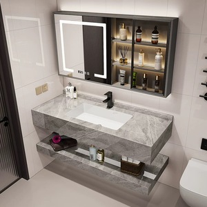 Mobile Bagno Compatto <span class=keywords><strong>in</strong></span> <span class=keywords><strong>Legno</strong></span> Massello Multistrato con Lavabo Integrato, Specchio Smart e Armadietto Sospeso a Parete - Product Image 1