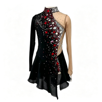 Robe de patinage artistique noire et rouge avec strass, manches longues en maille, col montant, costume de compétition pour adultes et enfants, tenue de performance