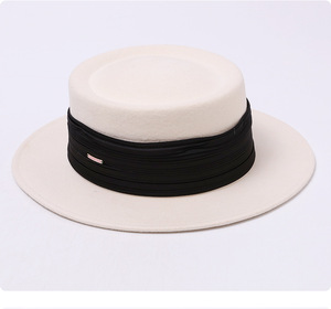 New Autumn <strong>Winter</strong> Luxury Wool Felt <strong>Hat</strong> Women Vintage Chic British Pleated Satin Trim Flat Top Premium Ceremony - Product Image 6