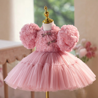Robe de demoiselle d'honneur rose de luxe à fleurs 3D, manches bouffantes, robe de princesse tutu pour mariage, fête, Vestidos, 2-12 ans, OEM