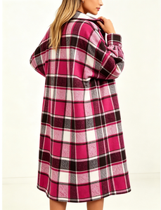 Manteau chemise longue à carreaux personnalisé pour femme grande taille, col rabattu, boutonnage frontal, poches plaquées, coupe ample décontractée - Product Image 3