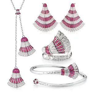 Luxury Setting Ruby CZ Feather Jewelry Set Necklace Bracelet Ring Earrings for Women 925 Silver Jewelry Sets