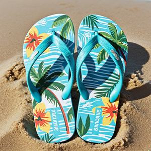 รองเท้าแตะแบบสวมสไตล์เกาะทะเล ลายคลื่นสีฟ้าอมเขียว พื้นยาง PE กันลื่น เหมาะสำหรับฤดูร้อน ออกแบบเองได้ - Product Image 1