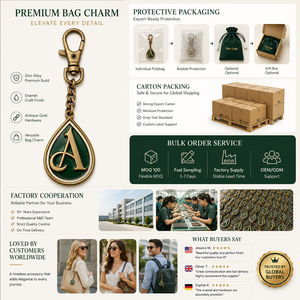 Étiquette de sac personnalisée en laiton antique, <span class=keywords><strong>lettre</strong></span> <span class=keywords><strong>R</strong></span> en forme de goutte d'eau avec émail vert foncé et branche de laurier, chaîne gourmette et fermoir mousqueton - Product Image 6