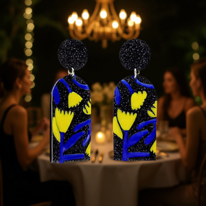 Orecchini Angelina a Forma di Lampadario Dipinto, Design Astratto Nero Blu Giallo, Gioielli da Festa per Donne - Product Image 2