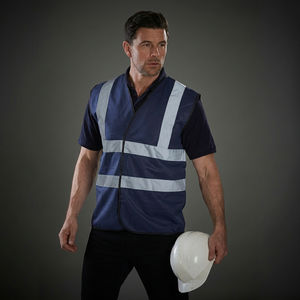 Gilet de sécurité réfléchissant pour homme, bleu marine, col en V, fermeture éclair, respirant, léger, pour le travail et les loisirs printaniers - Product Image 1