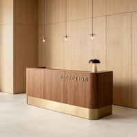 Bureau d'accueil intelligent de luxe en contreplaqué de noyer avec base dorée, haut-parleur à chargement sans fil 15W, entièrement assemblé, pour hôtel