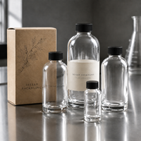 Bouteilles distributrices de savon liquide en verre transparent Boston rondes de 250 ml, 500 ml, 1000 ml avec pompes à lotion noires, logo personnalisé et emballage en boîte