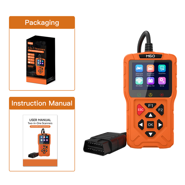 JDiag M60 Automotive OBD2 Scanner Orange 12V Engine Fault Code Read/Clear Diagnostic Tool for Cars and Motorcycles