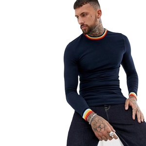 ผู้ชายลายทางคอและ Cuffs ซี่โครงผ้าฝ้าย100% เสื้อยืดแขนยาว - Product Image 1