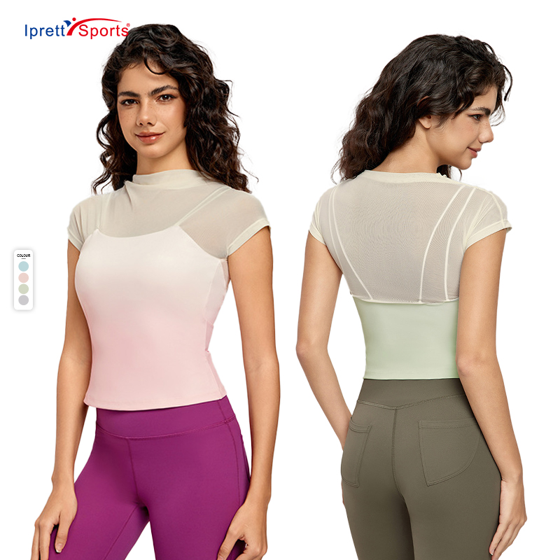 Cushion Two Pieces Mesh Connect Yoga Shirt Breathable Short Sleeved with Chest Pad for Pilates Fitness Suit
