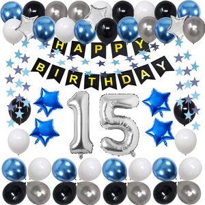 Blu nero 15th Birthday Decorations for Men Boy Birthday Party Supplies con <span class=keywords><strong>15</strong></span> Silver Number Balloon Happy Birthday Banner - Product Image 1