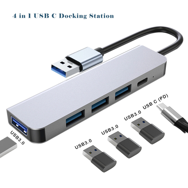 Aluminium Alloy 4 in 1 Type C to USB 3.0 a Connectors 5Gbps USB C Hub Converter Adapter Docking Station