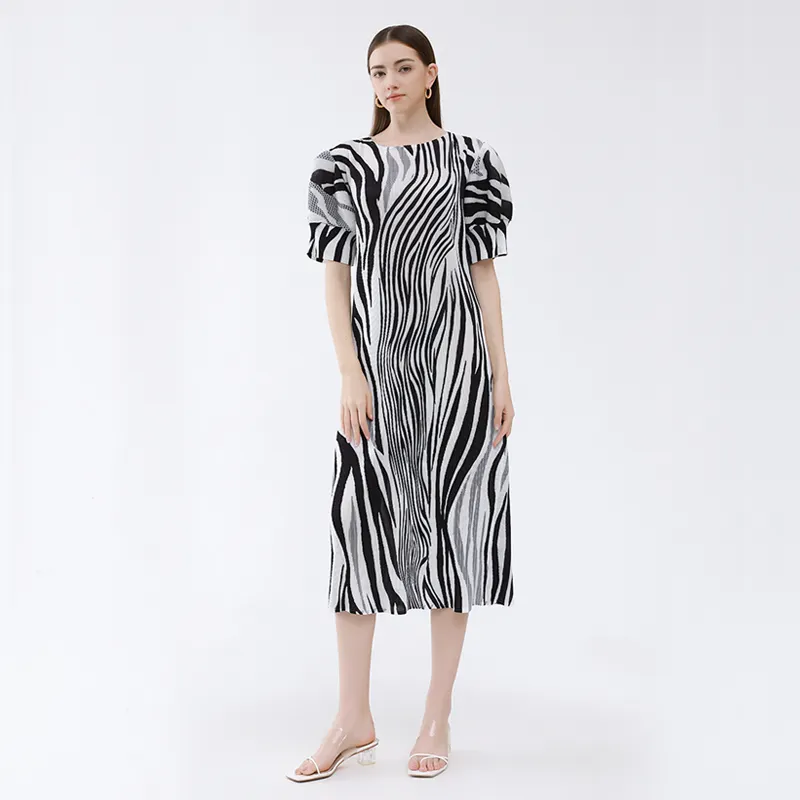 2024 Summer Miyake Pleated Casual Ladies Short Puff Sleeve Zebra Printing Top Quality Midi Wild Dress Women