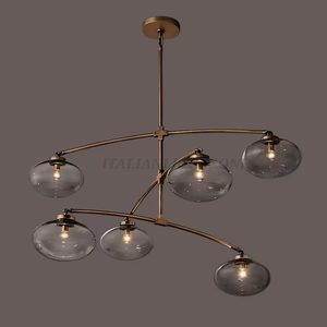 Lustre en laiton de style moderne du milieu du siècle 1950, 6 lumières, globe en verre, suspension de plafond, style vintage, luminaire pour la maison - Product Image 2