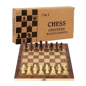 उच्च गुणवत्ता लकड़ी चौसर चेकर्स तीन में एक पोर्टेबल तह यात्रा समूह खेल 1 में 3 शतरंज बिसात खेल शतरंज सेट