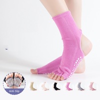 Chaussettes de yoga mi-mollet pour femmes, cinq orteils, en coton et PVC, à bout ouvert, à talon ouvert, antidérapantes, anti-frottement, pour le sport en intérieur