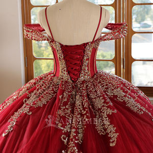 Vestido Quinceanera Vermelho <span class=keywords><strong>Prom</strong></span> Borgonha e Ouro Applique Tulle Princess Dress Doce Vestido De Festa De 15 Anos de Idade - Product Image 5