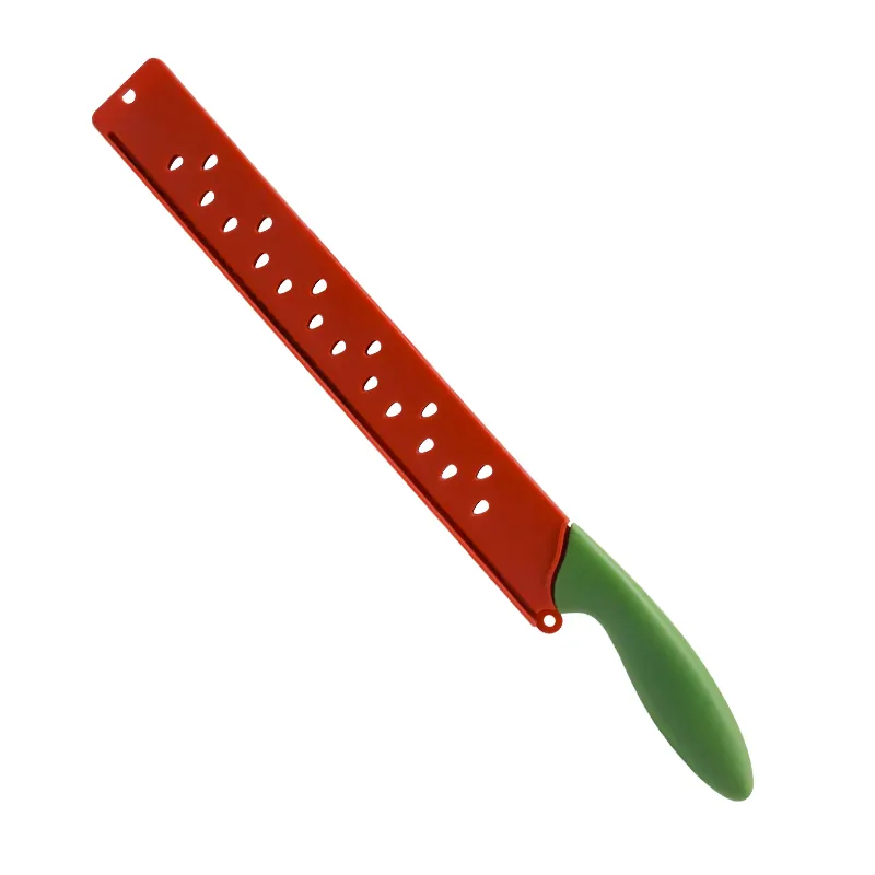 High quality red blades pairing melon fruit plastic handle sleeve long slicing knife for watermelon