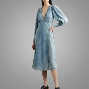 Best Quality Low Neck Denim Dresses Sexy Lady Long Sleeve Dress Spring Autumn Clothes High Waist Wash Jean Clothing