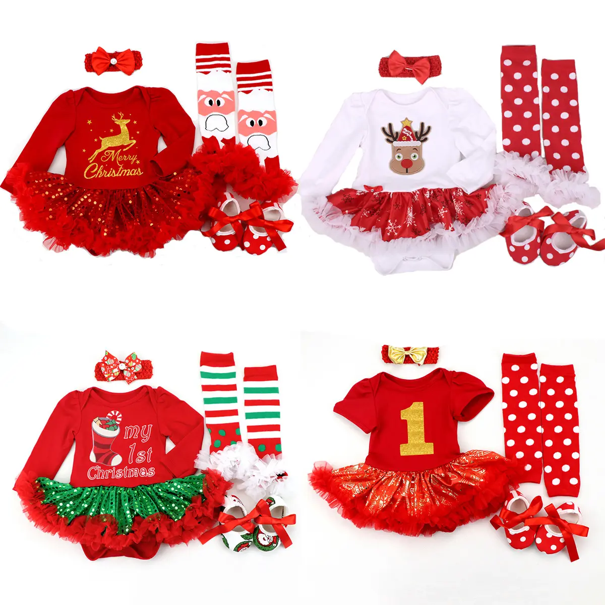 Baby Meisjes 4 Stuks Kleding Set Lovertjes Tutu Romper Jurken + Hoofdband + Sokken + Schoenen Pasgeboren Baby Kostuum Kleding Mijn Eerste Kerst