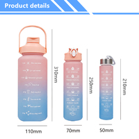 Bouteille d'eau réutilisable 3-en-1 en PP, PC et silicone de qualité alimentaire, capacité 500ml/900ml/2000ml, avec marqueur de temps et ouverture rapide à un clic