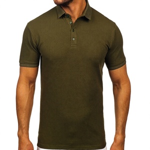 Polo à manches courtes pour homme en coton tricoté vert olive, couleur unie, design respirant, décontracté - Product Image 1