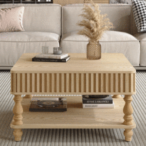 Square Fluted Lift Top Coffee Table 31.5 Inch Hydraulic Raise Retro Wood Legs Hidden <b>Open</b> <b>Storage</b> - Product Image 1