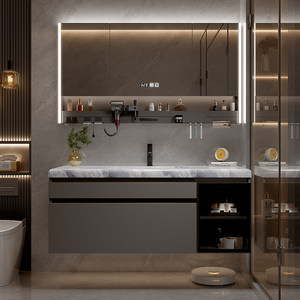 New Modern Minimalist Stone-Look Seamless Ceramic Basin Smart Mirror Water Resistant Wall-Mounted Rounded-Corner Bathroom Vanity - Product Image 4