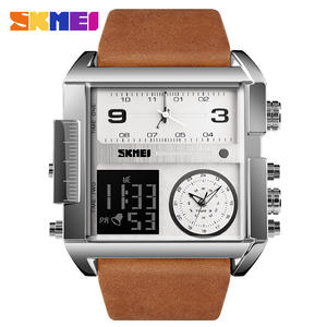 Montre électronique <span class=keywords><strong>SKMEI</strong></span> <span class=keywords><strong>1391</strong></span> pour homme, cadran carré grand format, bracelet en cuir véritable, résistante à l'eau 3BAR, plusieurs fuseaux horaires - Product Image 4
