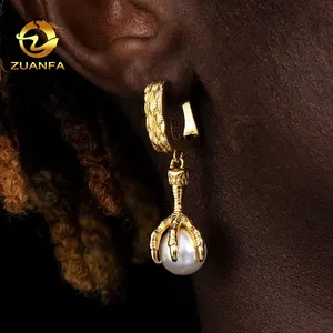 Street Fashion Jewelry Wholesale Bling Earrings 18K Gold Plated Hoop Huggie Men Hip Hop Earrings With Pearl