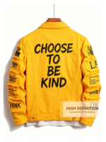 Nouvelle veste en jean jaune pour homme, style streetwear, avec patchwork graphique, bords effilochés, effet usé, veste de camionneur, vêtements d'extérieur pour homme