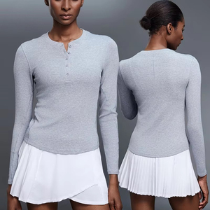 Haut <span class=keywords><strong>à</strong></span> col <span class=keywords><strong>Henry</strong></span> en modal confortable pour femmes, manches longues, col boutonné, respirant, léger, pour le fitness, l'entraînement et le yoga - Product Image 1