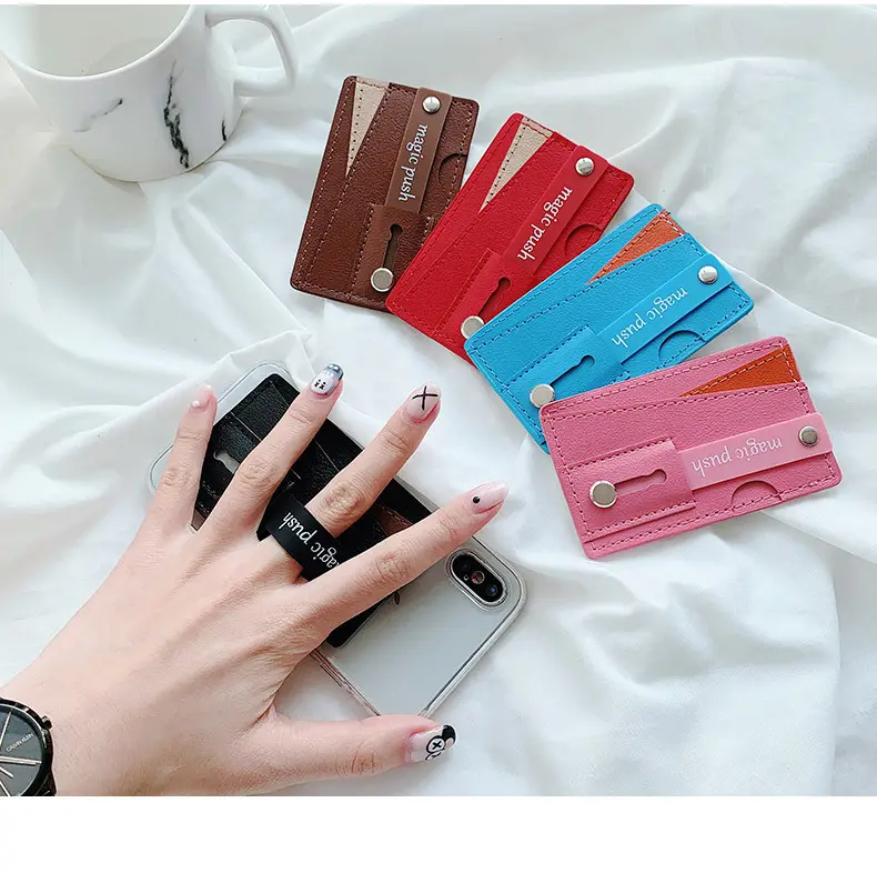 Logo personalizzato portafoglio universale in Pu borsa per carte Ic staffa per fascia a mano per telefono anello per dito supporto per impugnatura Push Pull