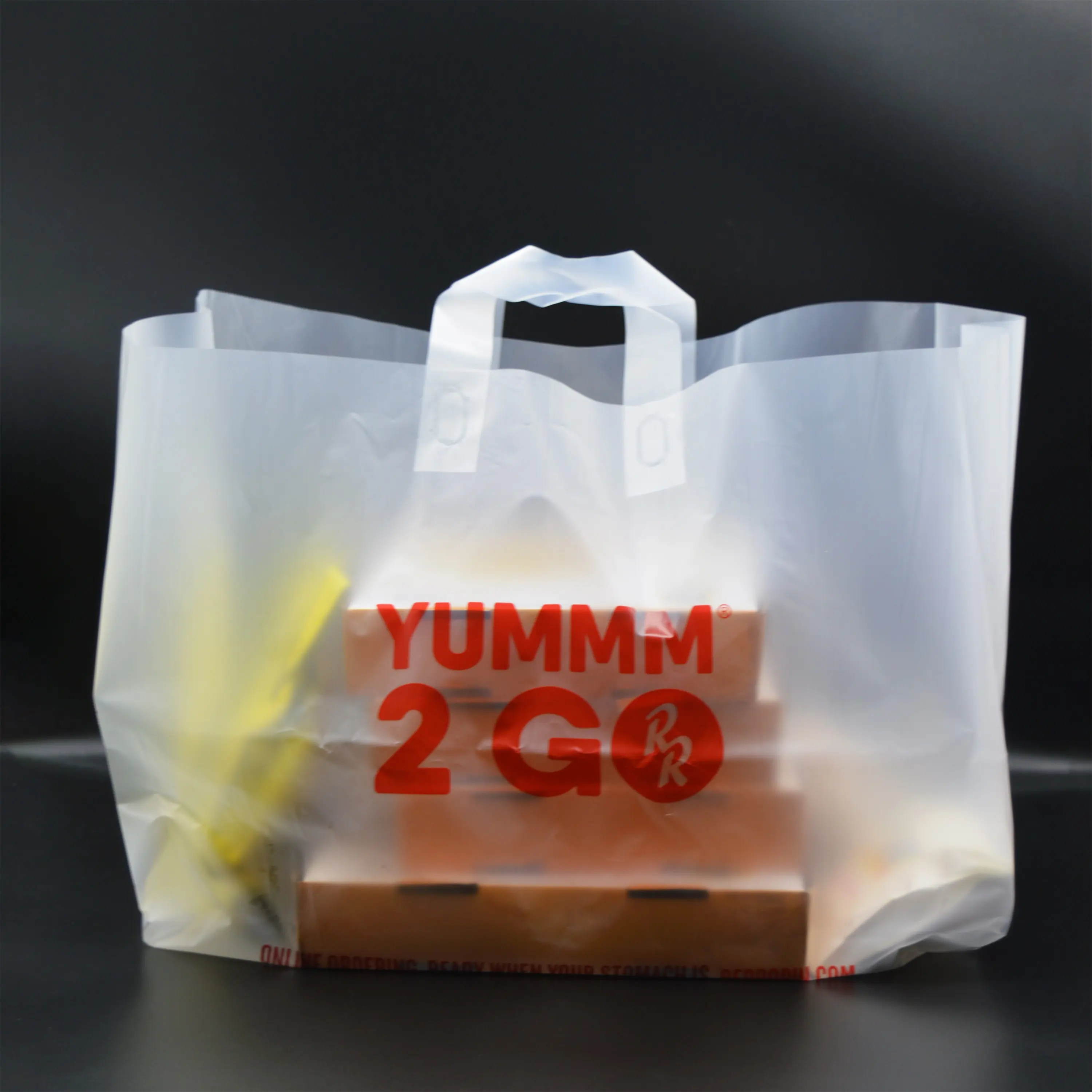 Sacchetti trasparenti in polietilene etichetta privata riciclata fondo quadrato manico Softloop HDPE LDPE sacchetti della spesa in plastica per andare borsa con Logo personalizzato