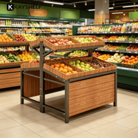 Versterkte dubbelzijdige metalen MDF groente-displaystandaard zonder rugwand, houten supermarkt rek voor groenten en fruit