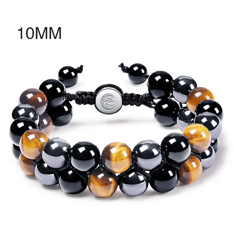 10mm Black Onyx Natural Tiger Eye Pulseira Pedra, Dupla Camada de Tecido Mão Pulseira Ajustável, Hematita Pulseira de Yoga para Homens