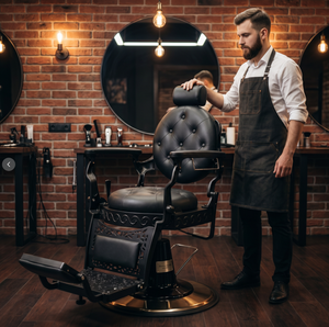 Sillón de Barbería Vintage Tapizado en Cuero, Hidráulico y Reclinable para Barbería y Salón de Belleza - Product Image 1