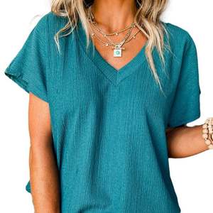 Venta al por mayor de encargo de las mujeres de verano Tops Casual camiseta de las mujeres ropa de color sólido de manga corta con cuello en V gran oferta de algodón liso camiseta - Product Image 4