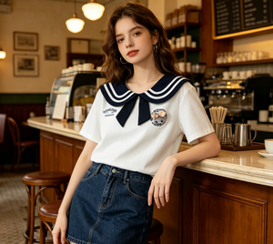 T-shirt à col marin pour <span class=keywords><strong>femme</strong></span> avec broderie de lapin, haut à manches courtes bleu marine et détail nœud blanc - Product Image 5