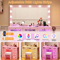 Coiffeuse de chambre moderne en bois massif avec 11 tiroirs lumineux RGB, miroir, station de recharge et tabouret (Rose)