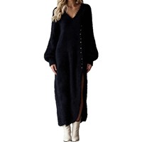 Robe midi élégante unie à col en V et fente, coupe ample, grande taille, pour femme, idéale au quotidien, collection automne-hiver