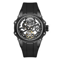 Montre pour hommes, boîtier noir, vis en or rose, cadran mécanique, bracelet en Silicone lumineux