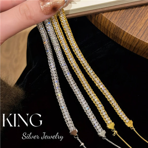 กำไลข้อมือถักลายลูกไม้เงินแท้ King Silver Jewelry เงินสเตอร์ลิง S925 ชุบทอง ประดับคริสตัลและเพชรเทียมสำหรับผู้หญิง - Product Image 1
