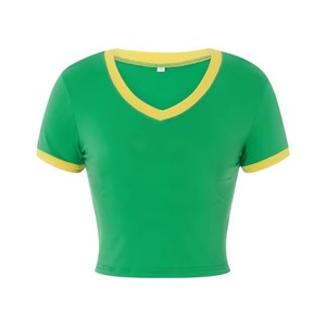 <span class=keywords><strong>T</strong></span>-<span class=keywords><strong>shirt</strong></span> court sexy personnalisé de haute qualité à <span class=keywords><strong>col</strong></span> en <span class=keywords><strong>V</strong></span>, <span class=keywords><strong>manches</strong></span> courtes contrastantes, coupe ajustée, style Ringer, pour <span class=keywords><strong>femme</strong></span>, uni - Product Image 5