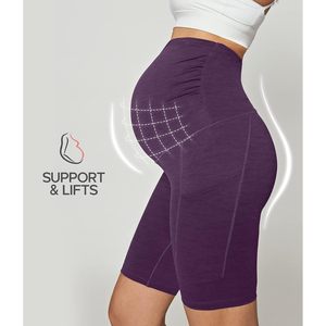 Shorts de maternité FOXA avec poches, à porter par-dessus le ventre, vêtements de sport pour la grossesse, respirants, en coton et élasthanne tricoté, pour femmes - Product Image 2