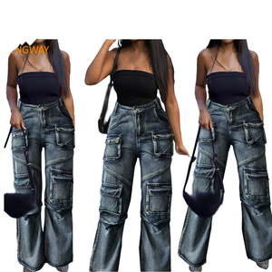 Jean cargo décontracté taille haute coupe droite jambe large pour femme 2025 – Multi-poches, coton teint uni, anti-boulochage, été - Product Image 1
